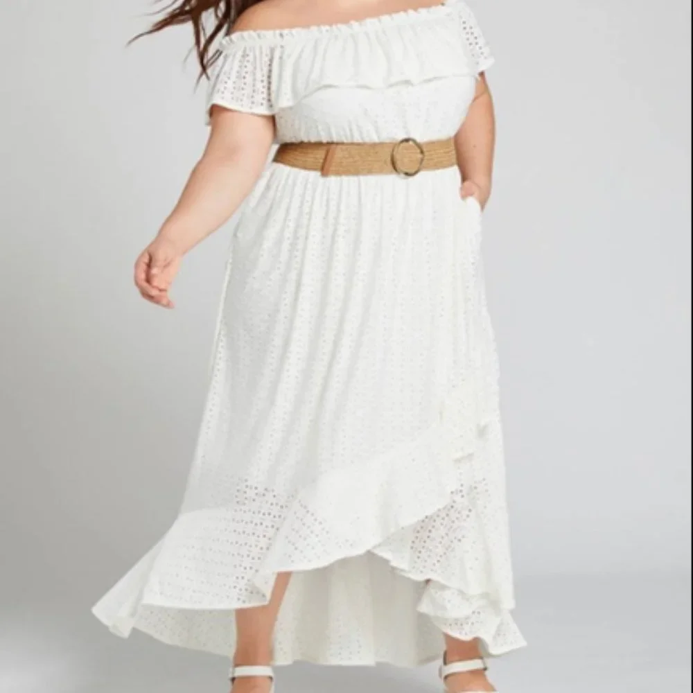 LANE BRYANT UEC Size 14/16 white cream high-low eyelet dress w/ belt - Picture 1 of 16